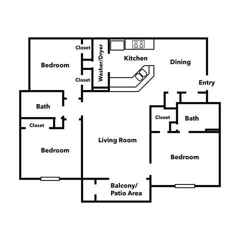 Floor plan for 3 beds, 2 baths, 1223 sqft